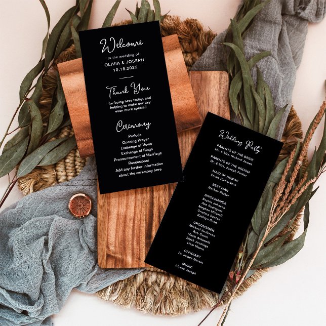 Söt och vit svart | BRÖLLOP Program (An elegant black wedding program with white whimsical script)