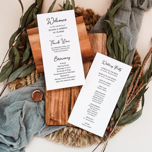 Söt och vit vit vit | BRÖLLOP Program (An elegant, black and white wedding program with whimsical script)