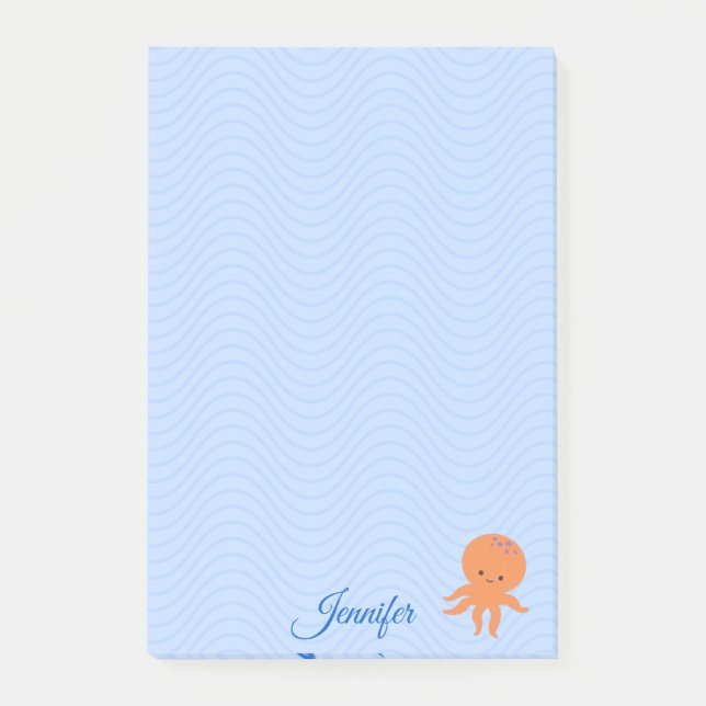 Söt Octopus Tecknad Blå Vågor Anpassat Namn Post-it Block (Framsida)