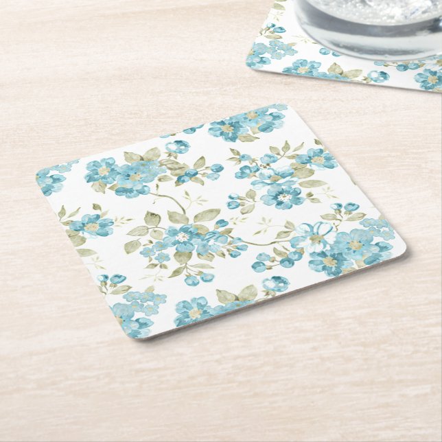 Söt Olivgrön Aqua Turkos Blommig Akvarell Underlägg Papper Kvadrat (Vinklad)