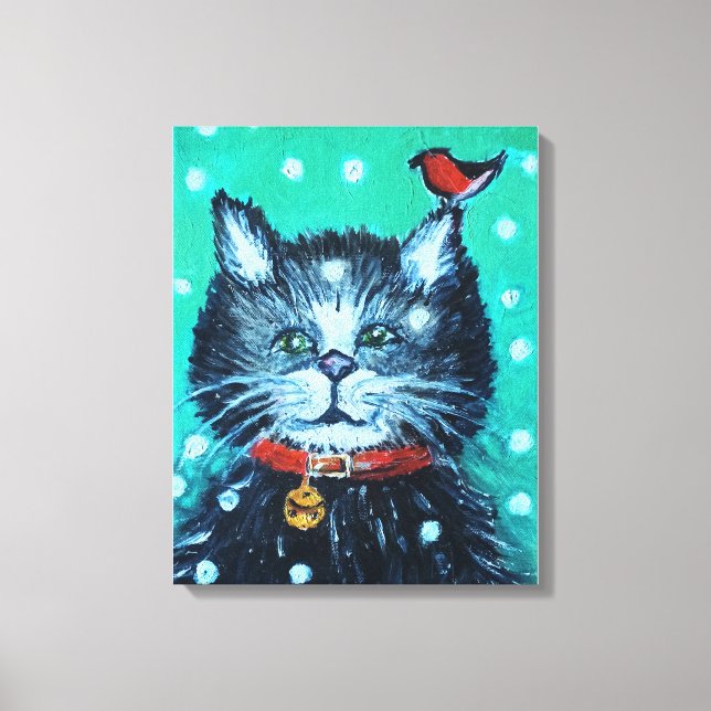 Söt oljemålning Katt med julhälsning fågel Canvastryck (Framsida)