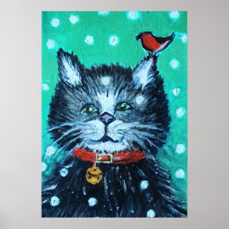 Söt oljemålning Katt med julhälsning fågel Poster
