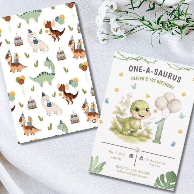 Söt One-A-Saurus-dinosaur 1-årsdag Inbjudningar (Skapare uppladdad)