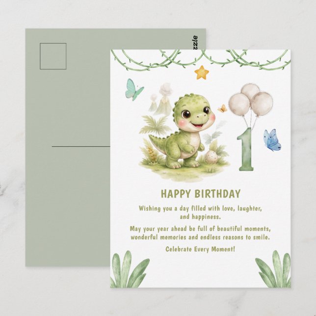 Söt One-A-Saurus-dinosaur 1-årsdag Vykort (Fram/baksida)