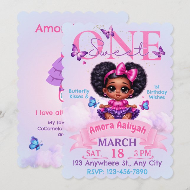 Söt ONE Afro Puff Flicka 1-årsdag Fjäril Inbjudningar (Fram/baksida)