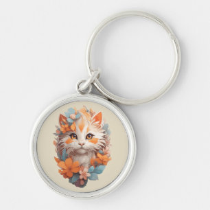 Söt Orange Blommig Kattunge Katt Rund Silverfärgad Nyckelring
