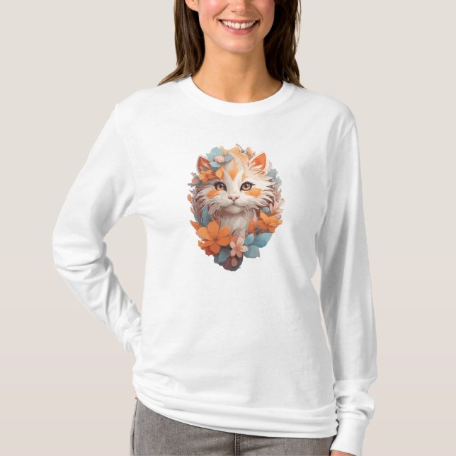 Söt Orange Blommig Kattunge Katt T Shirt (Framsida)
