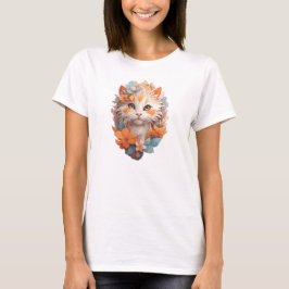 Söt Orange Blommig Kattunge Katt T Shirt