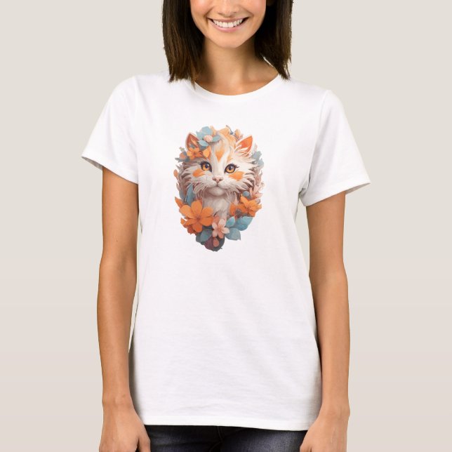 Söt Orange Blommig Kattunge Katt T Shirt (Framsida)