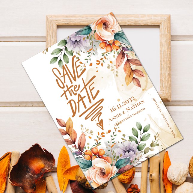 Söt Orange Blommigts Fall Bröllop Spara datum Datumet (Pretty Orange Florals Fall Wedding Save the Date Invitation)