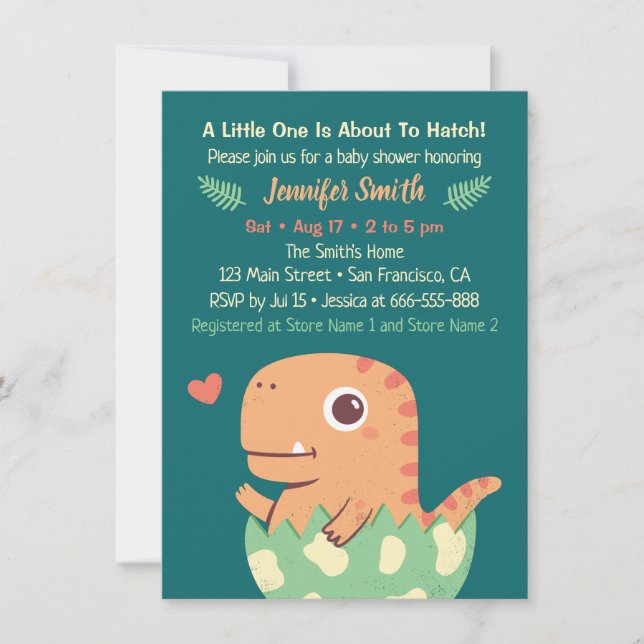 Söt orange dinosaurie kläcks från ägg Baby Shower Inbjudningar (Framsida)