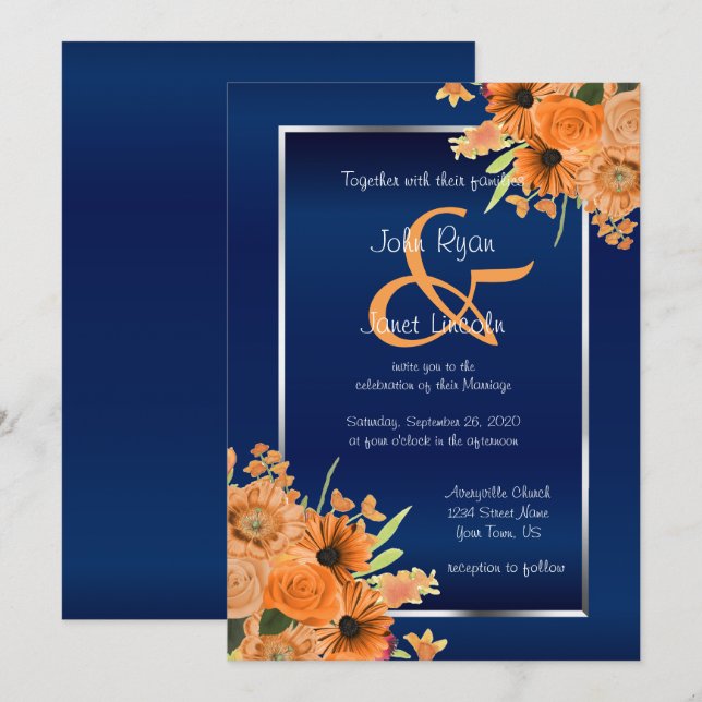 Söt Orange Flowers on Navy Blue Investigations Inbjudningar (Fram/baksida)