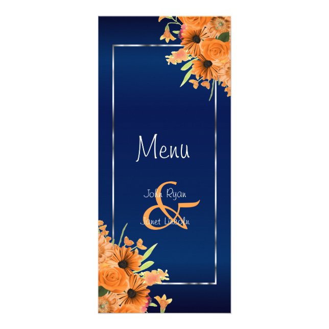 Söt Orange Flowers on Navy Blue - Menu Reklamkort (Framsidan)
