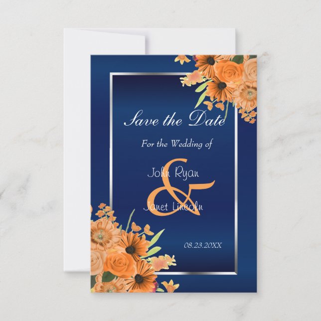 Söt Orange Flowers on Navy Blue Save Date Spara Datumet (Framsida)