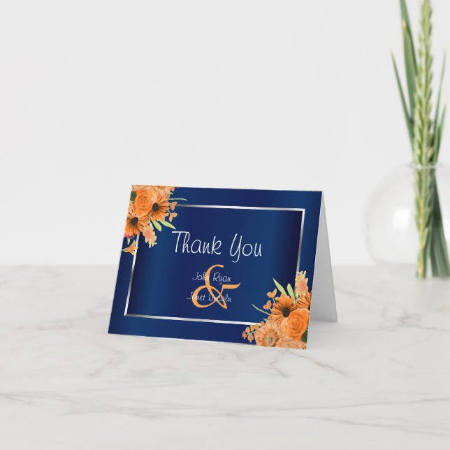 Söt Orange Flowers on Navy Blue - Tack Kort (Framsida)