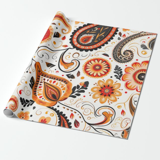Söt Orange Grönt Blanda Blommigt Paisley Mönster Presentpapper (Utrullad)