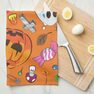 Söt orange Halloween-pumpa & godis Kökshandduk