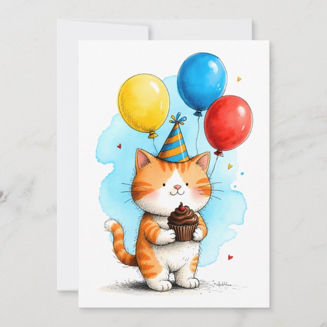 Söt orange katt, Cupcake Kid födelsedagsflat Kort (Framsida)