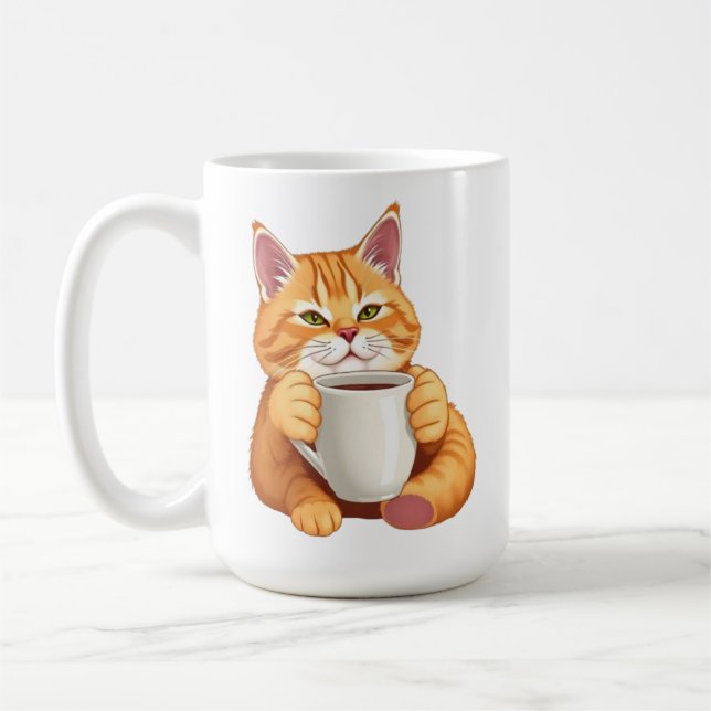Söt orange katt dricker kaffe rolig ginger tabby kaffemugg (Vänster)