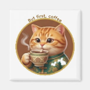 Söt orange katt dricker te Kaffe Magnet