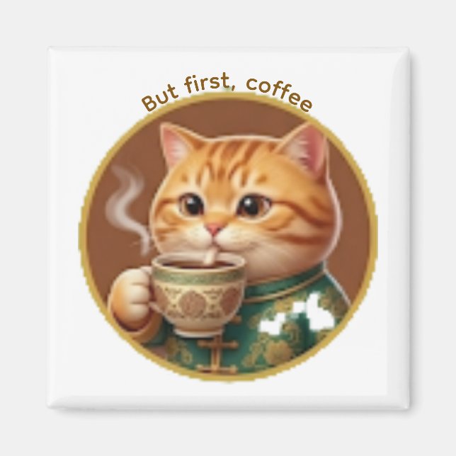 Söt orange katt dricker te Kaffe Magnet (Framsidan)