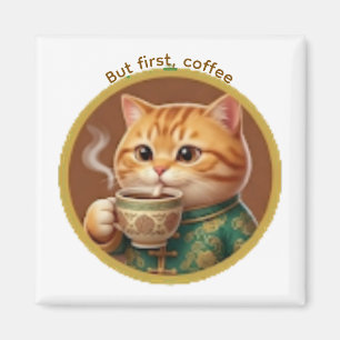 Söt orange katt dricker te kaffemagnet magnet