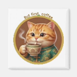 Söt orange katt dricker te kaffemagnet magnet