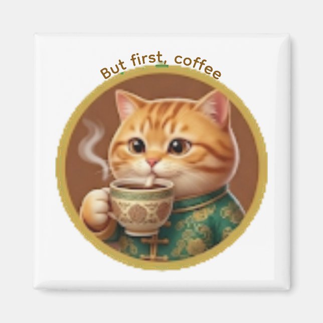 Söt orange katt dricker te kaffemagnet magnet (Framsidan)