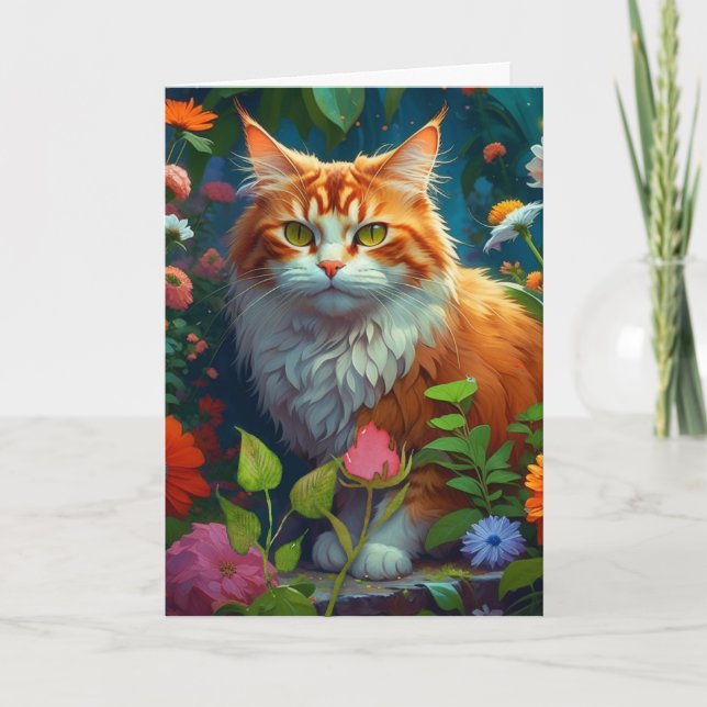 Söt Orange Katt i Blommor Tänker På Dig Kort (Framsida)