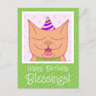 Söt Orange Katt Med Födelsedags hatt Välsignelser Vykort