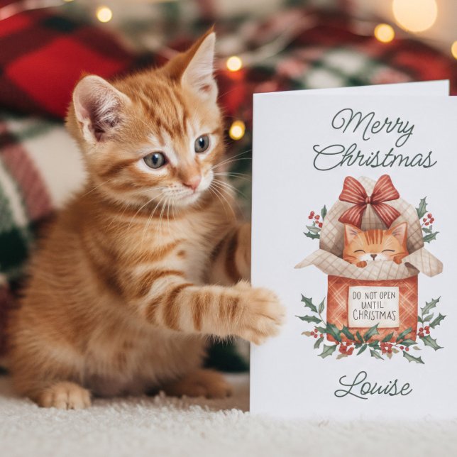 Söt orange katt - öppna inte förrän julkort helgkort (Delight your feline-loving friends with this unique ginger cat Christmas card.)