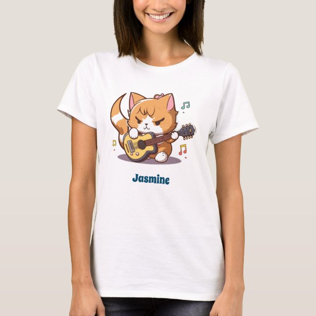 Söt orange katt som spelar gitarr t shirt (Framsida)