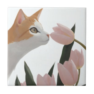 Söt Orange Katt Vårtema Kakelplatta