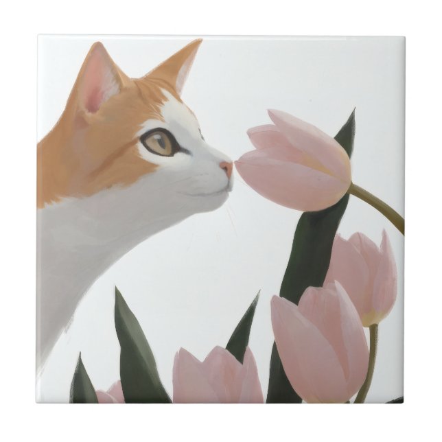 Söt Orange Katt Vårtema Kakelplatta (Framsidan)