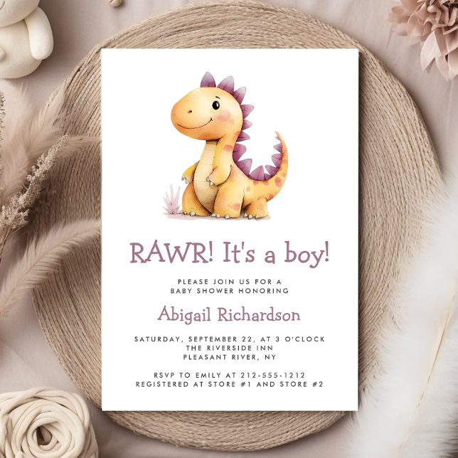 Söt Orange Lila Dinosaurie Pojke Baby Shower Inbjudningar (Skapare uppladdad)