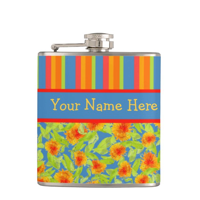 Söt Orange Marigolds och Rand Hip Flask Fickplunta (Framsidan)