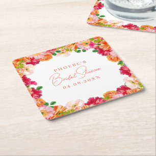 Söt Orange och Ljus Rosa Blommig Bröllopsdusch Underlägg Papper Kvadrat