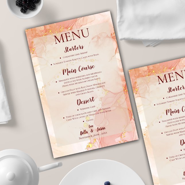 Söt Orange Peach Guld Marble Bröllopsfest Menu (Pretty Orange Peach Gold Marble Wedding Party Menu)