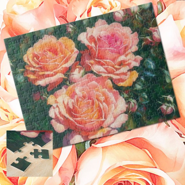 Söt Orange Peach Ro Garden Puzzle Pussel (Pretty peachy pink rose garden jigsaw puzzle.)