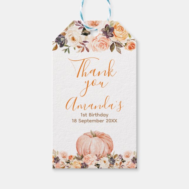 Söt Orange Pumpkin 1:a födelsedag Vattenfärg Presentetikett (Framsidan)