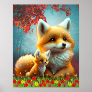 Söt orange räv mamma och bebis Konst Barnkammare Poster