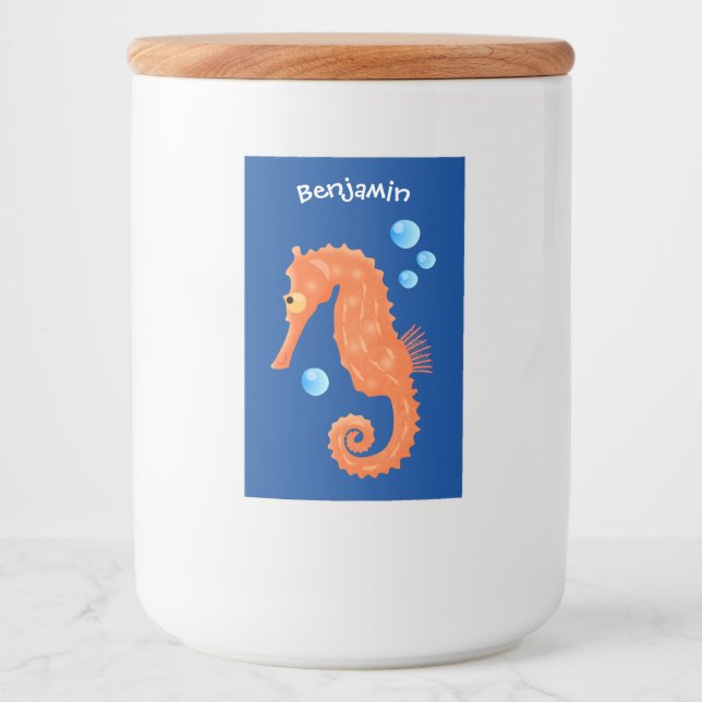 Söt orange sjöhästsjoklad tecknad illustration mat etikett (Framsida)