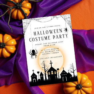 Söt orange & svart vuxen Halloween-kostymfest Inbjudningar