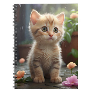 Söt Orange Tabby katt Sitta bland blommor Anteckningsbok