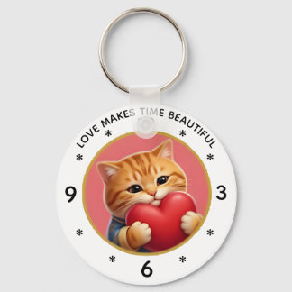 Söt orange tabby katt väggklocka med kärlekskvot nyckelring