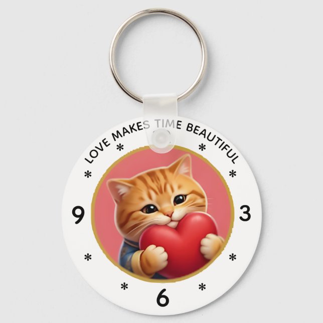Söt orange tabby katt väggklocka med kärlekskvot nyckelring (Framsida)