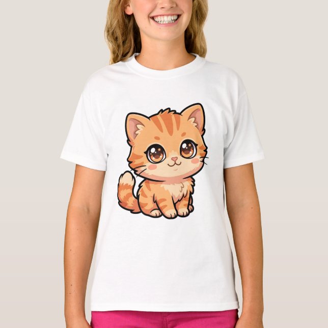 Söt orange tabby kattunge basic flickor t-shirt (Framsida)