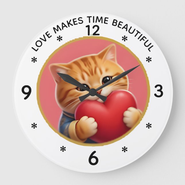 Söt orange tabby kattväggklocka med kärlekskvot stor klocka (Framsida)