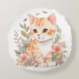 Söt Orange Tabby Kitten med blommor Vattenfärg Rund Kudde
