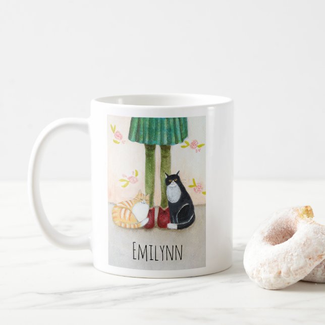Söt orange tabby och smokingkatt anpassat namn kaffemugg (Med munk)